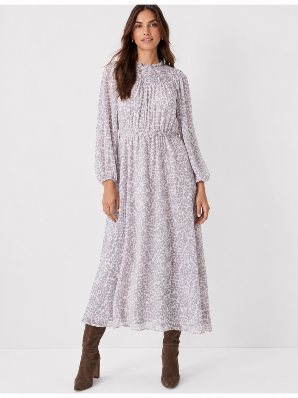 Ann Taylor Animal Print Long Sleeve Smocked Midi Flare Dress